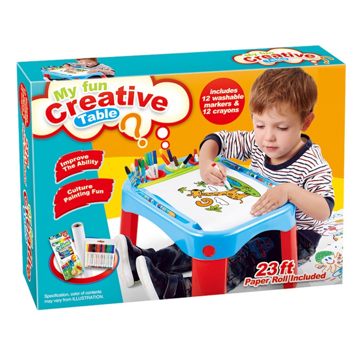 Masuta de joaca multifunctionala, Mappy - Fun Creative, cu creioane colorate si carioci, Albastru/Rosu