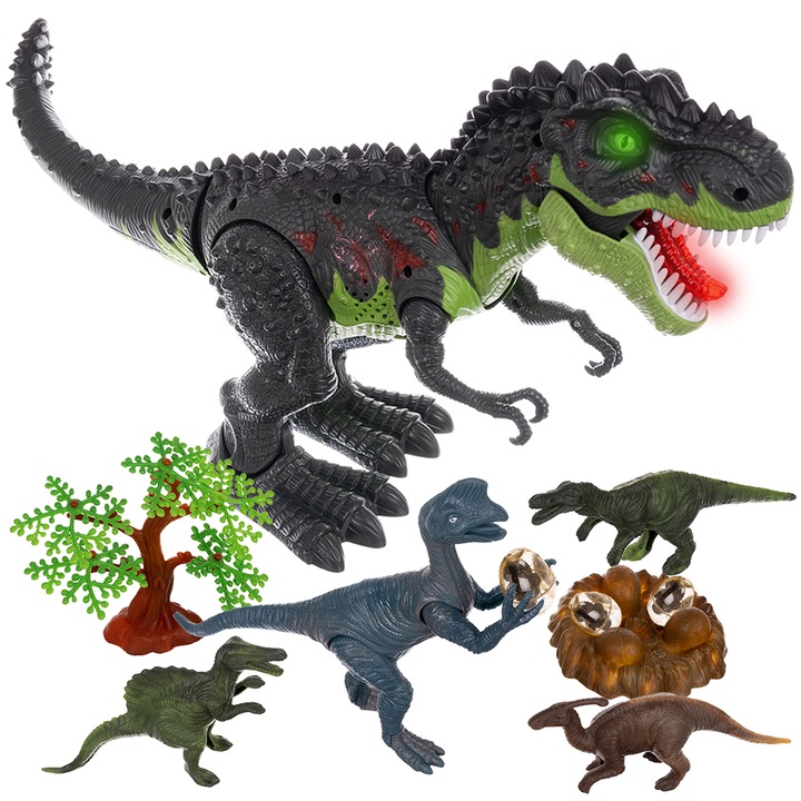 Jucarie dinozaur cu sunete si lumini,5 figurine cu accesorii, Gonga® Verde