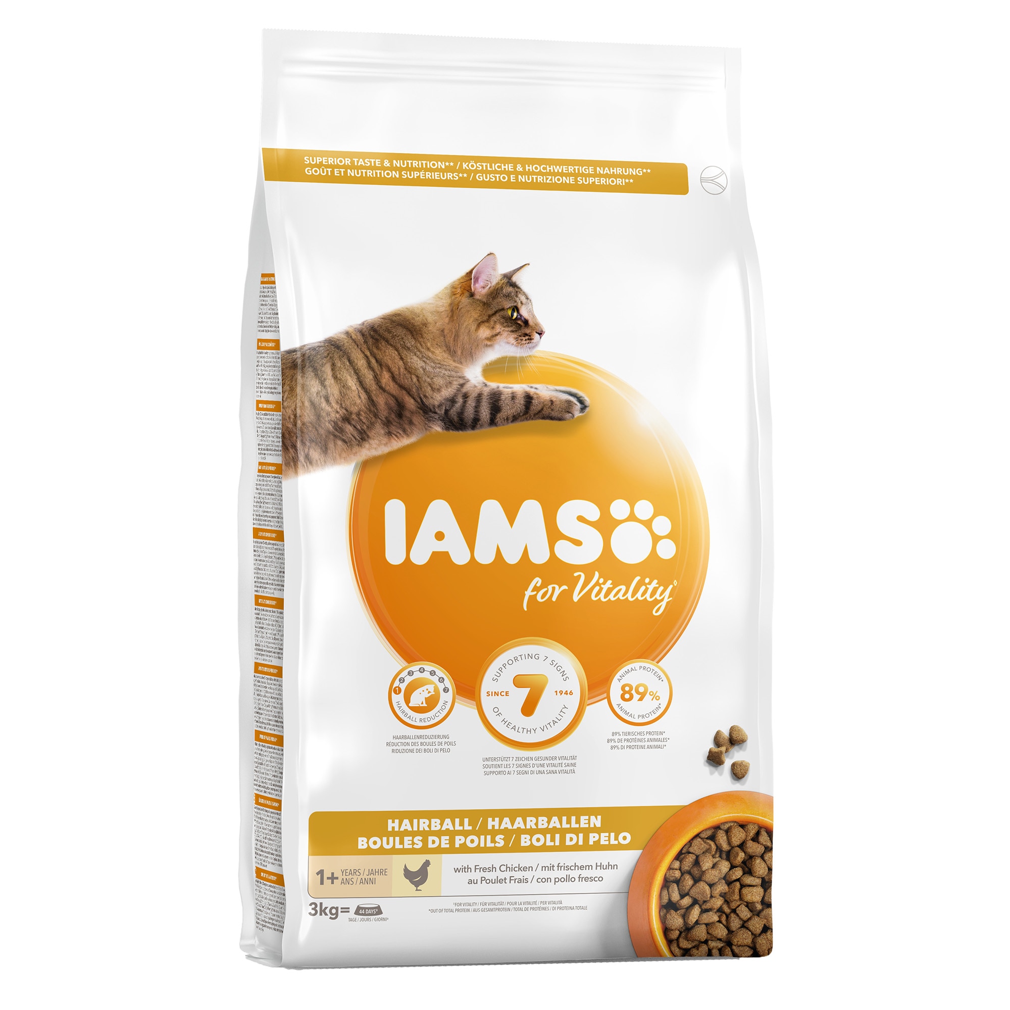 Hrana uscata pentru pisici IAMS Vitality, Adult Hairball, Pui, 3kg