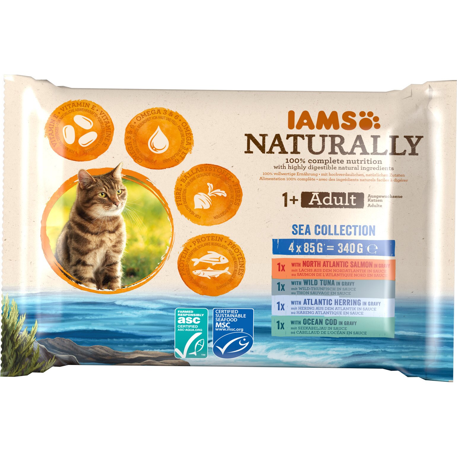 Hrana umeda pentru pisici IAMS Naturally, Adult Sea Collection, 4X85g