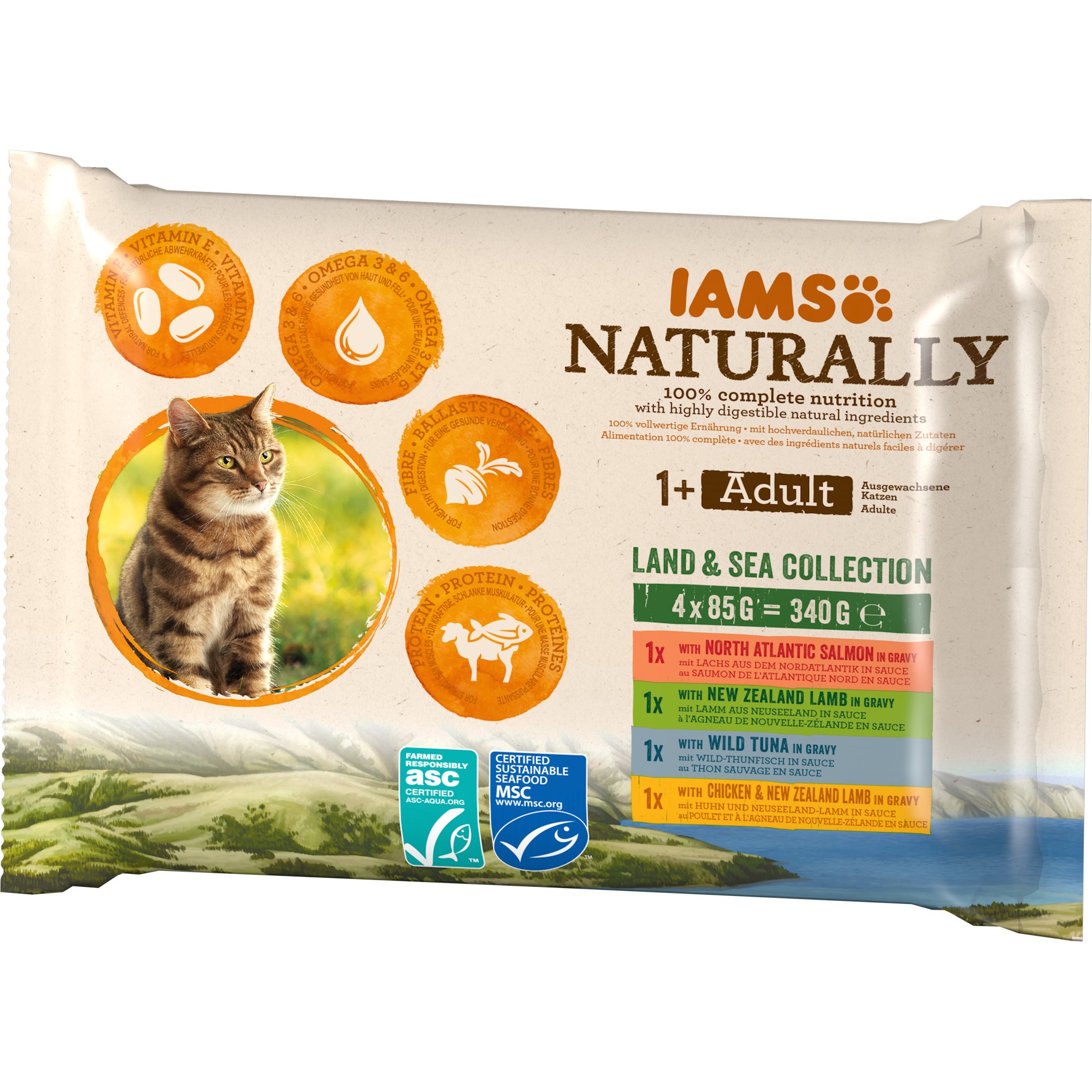 Hrana umeda pentru pisici IAMS Naturally, Adult Land & Sea Collection, 4x85g