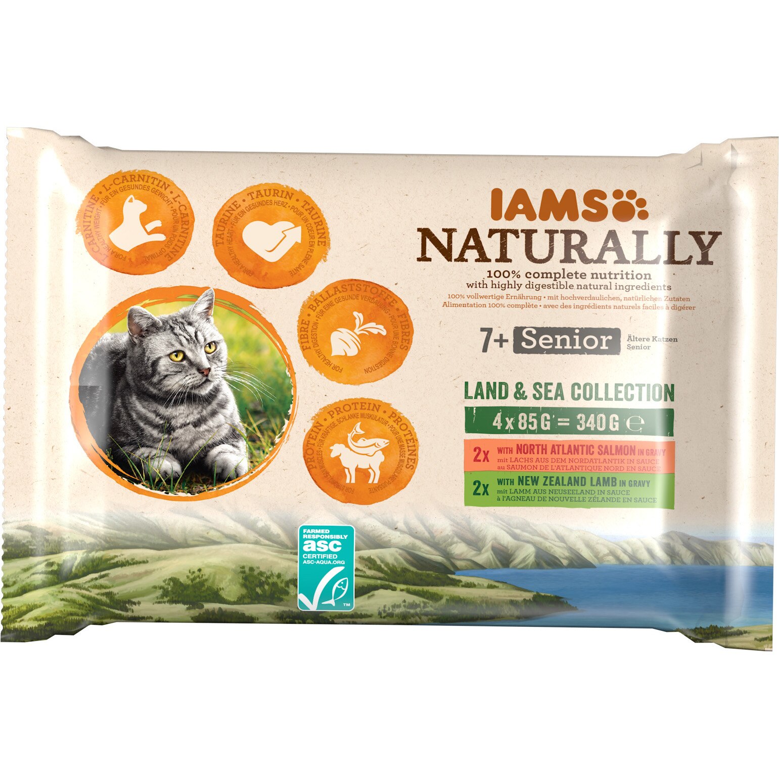 Hrana umeda pentru pisici IAMS Naturally, Senior Land & Sea Collection, 4X85g