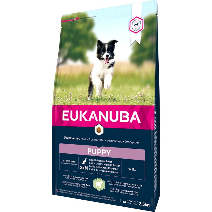 Hrana uscata pentru caini Eukanuba Puppy Small & Medium Breed, Miel si Orez, 2.5Kg