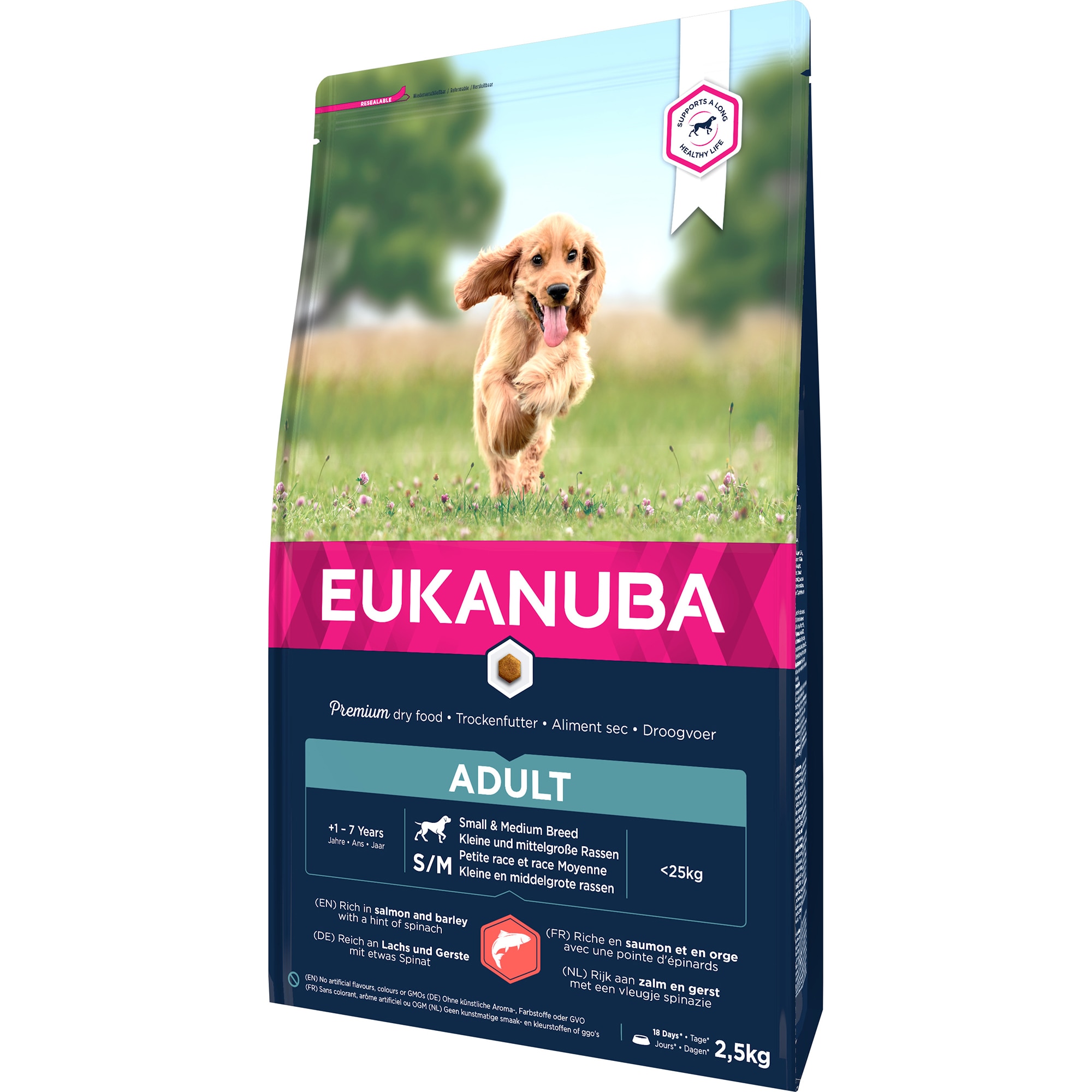 Hrana uscata pentru caini Eukanuba Adult Small & Medium Breed, Somon si Orz, 2.5Kg