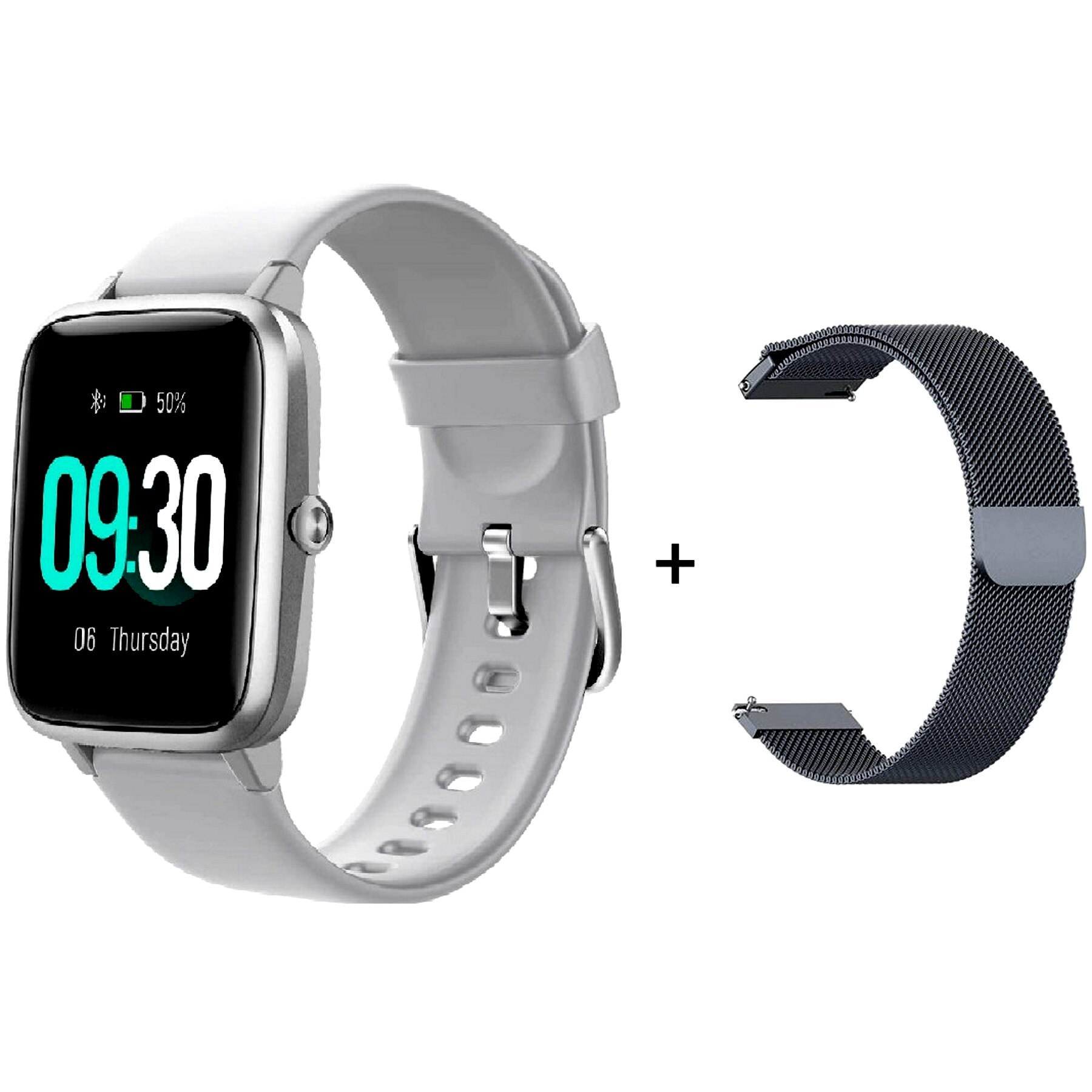 Ceas SmartWatch si Bratara Fitness IdealSTORE Tiger 70, Bratari de silicon si metal, Display de 1.45 inci, Design placut potrivit oricaror ocazii, Numeroase functii ce masoara pulsul si perioadele de sedentarism dar si timpul petrecut activ, Gri