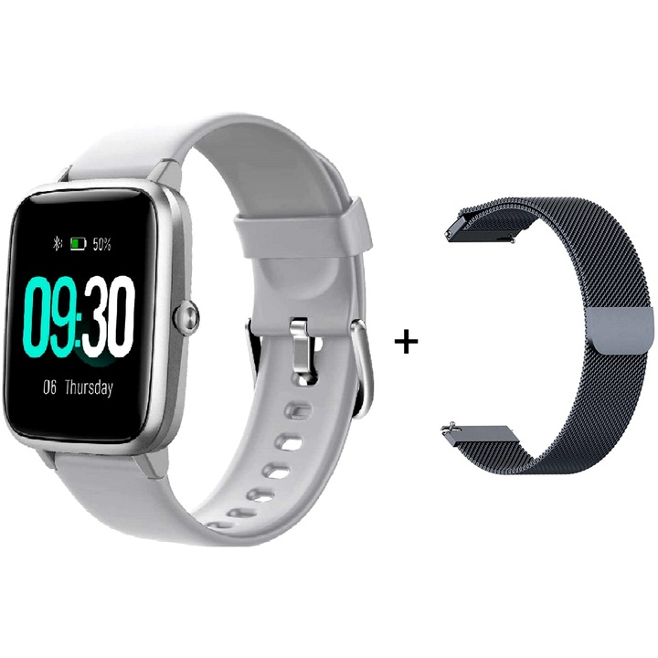 IdealSTORE Tiger 70 SmartWatch и фитнес гривна, Силиконови и метални гривни, 1,45-инчов дисплей, Приятен дизайн, подходящ за всеки повод, Множество функции, които измерват пулса и заседналите периоди, както и времето, прекарано активно, Сив
