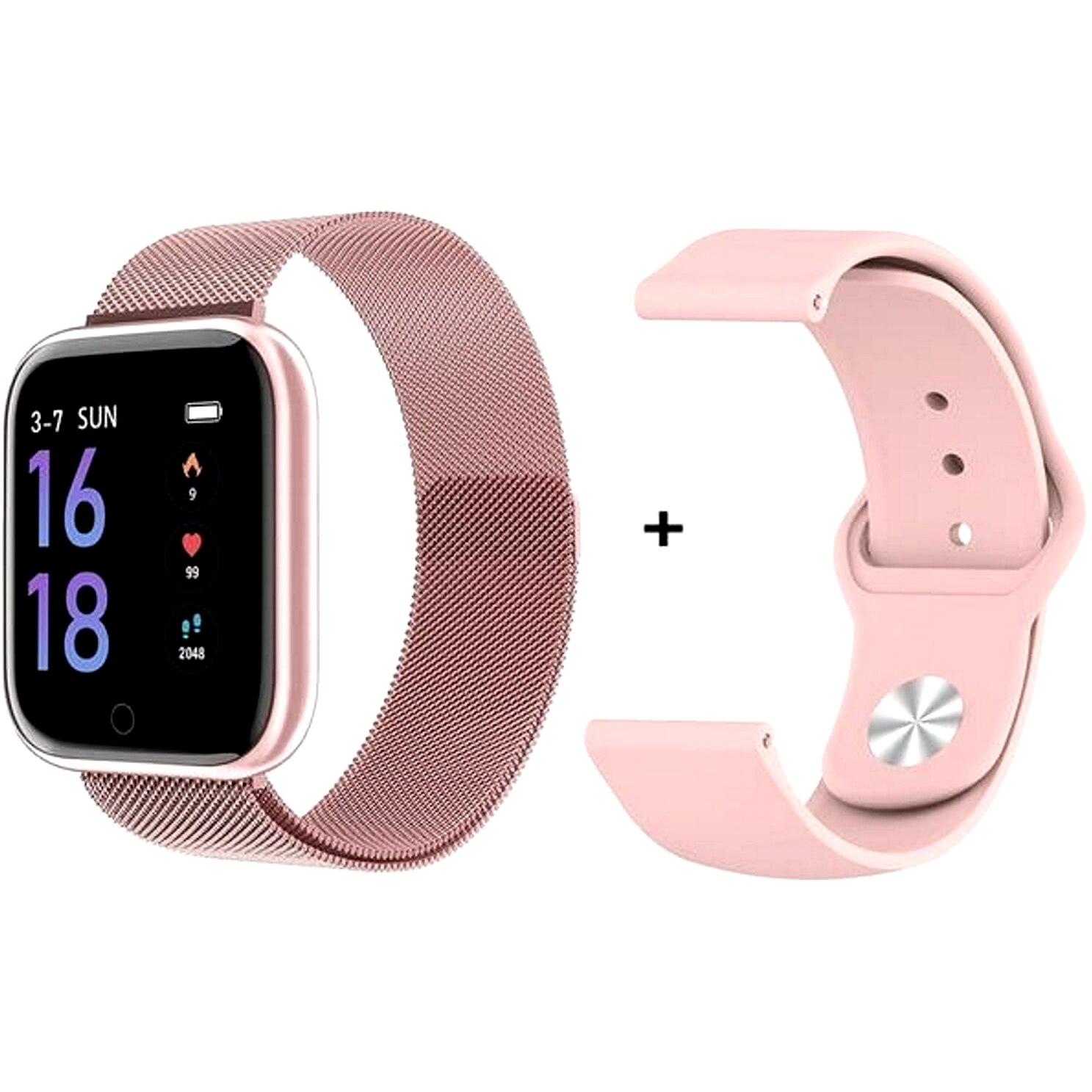 Ceas SmartWatch si Bratara Fitness IdealSTORE Tiger 70, Bratari de silicon si metal, Display de 1.45 inci, Design placut potrivit oricaror ocazii, Numeroase functii ce masoara pulsul si perioadele de sedentarism dar si timpul petrecut activ, Roz