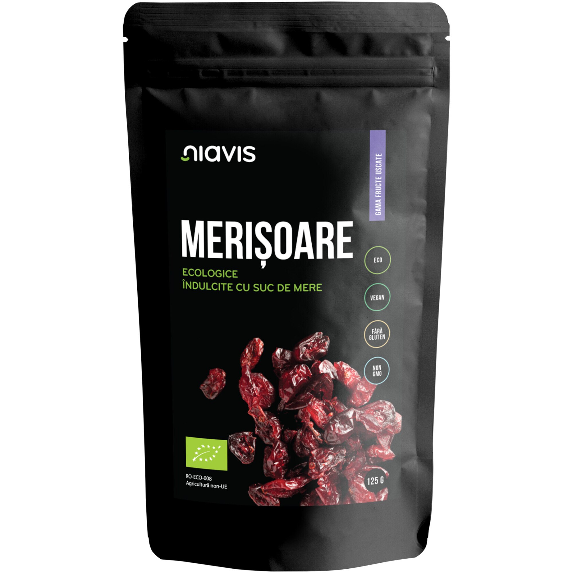 Merisoare Niavis Eco indulcite cu suc de mere, fara gluten, 125g