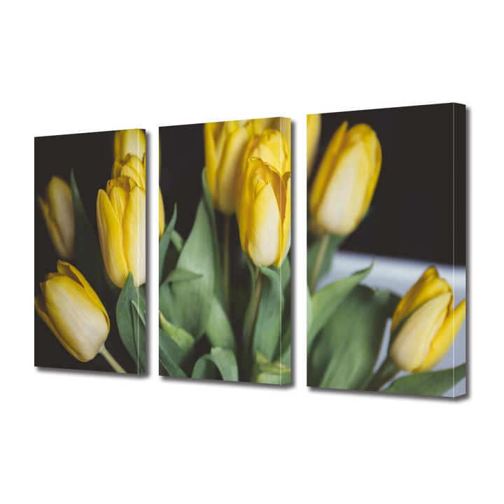 Tablou Multicanvas 3 Piese Flori, Buchet lalele galbene, 45 x 90 cm