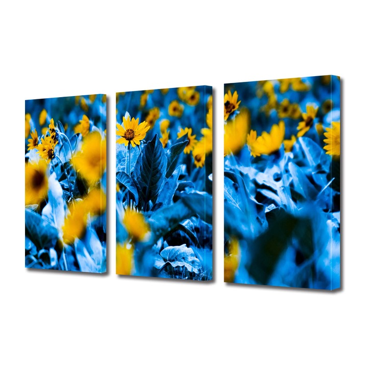 Tablou Multicanvas 3 Piese Flori, Flori cu frunze albastre, 90 x 180 cm