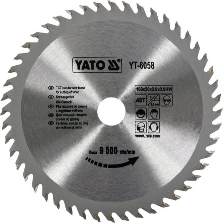 Карбиден диск за циркуляр Yato, за рязане на дърво, Ф 160 x 20, T 48