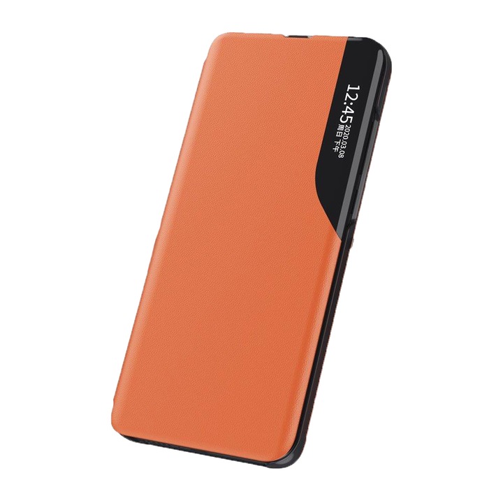 G-Tech Eco Leather View Cover, съвместим със Samsung Galaxy A32 4G/ A32 LTE, стилен дизайн, функция стойка, екологична кожа+компютър, оранжев