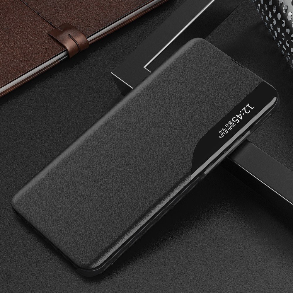 Husa Leather View, Compatibil cu Huawei Nova Y70 Functie de Stand, S-View, Piele ecologica si PC, Negru