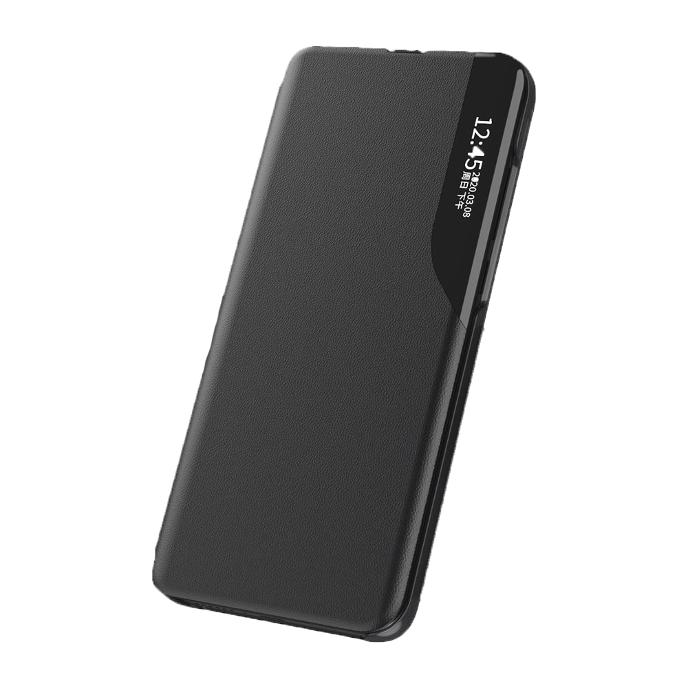 Husa Leather View, Compatibil cu Huawei Nova Y70 Functie de Stand, S-View, Piele ecologica si PC, Negru