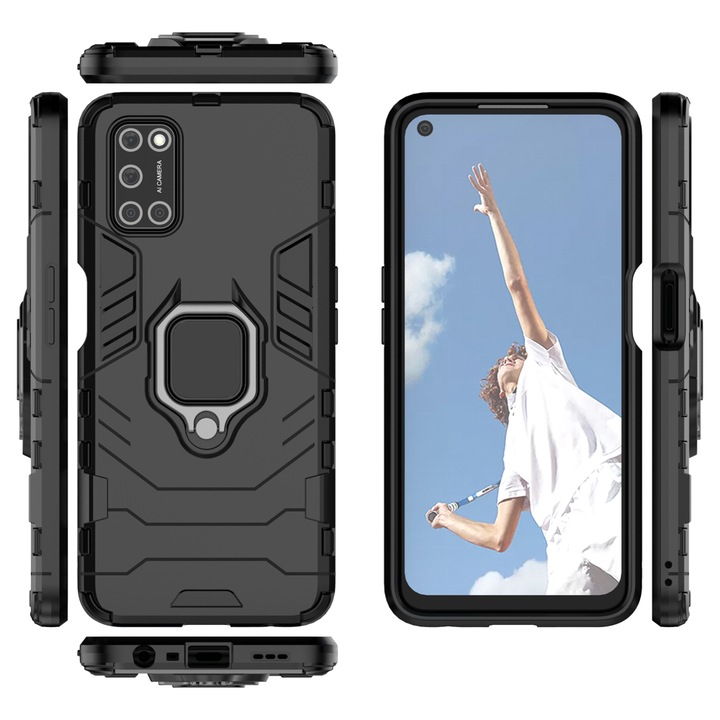 Кейс G-Ring Defender, За Oppo Reno 5 Lite, Удароустойчив, Пръстен, въртящ се на 360 градуса, Вграден магнит за поставка за кола, TPU, PC, Черен