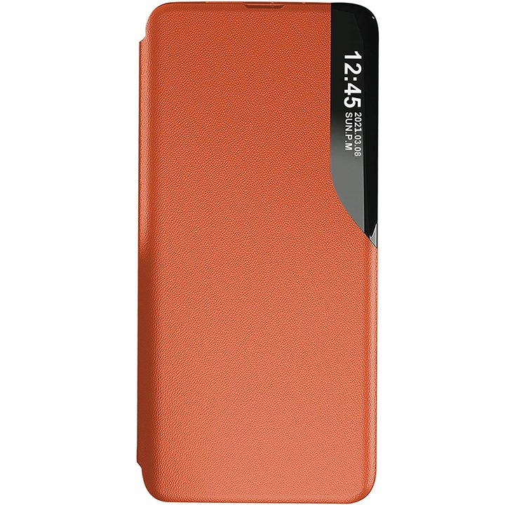 Кожен флип калъф за OnePlus Nord 2 5G Unique S-View, Optim Close, Magnetic Smart Stand, Orange