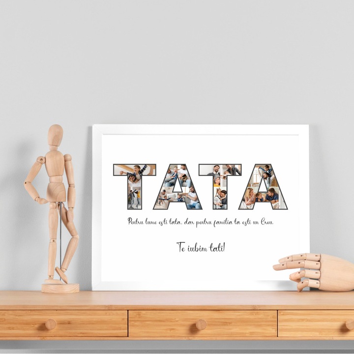 Tablou personalizat pentru TATA cu poze si text, cadou de ziua tatalui, din lemn natural, Priti Global , Alb, A3, 30 x 42 cm
