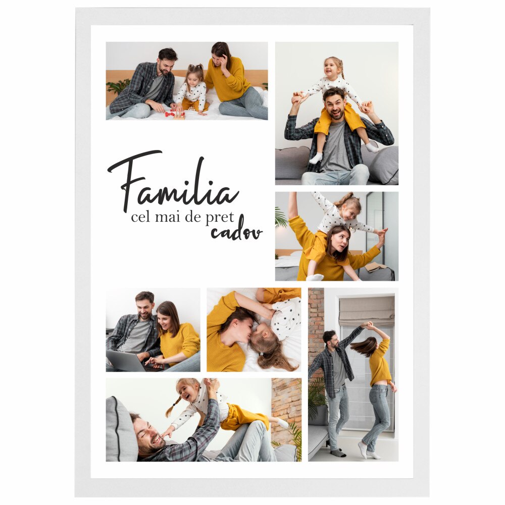 Tablou personalizat cu 7 poze si Text, Pentru Familie, din lemn natural, Priti Global , Alb, A3, 30 x 42 cm