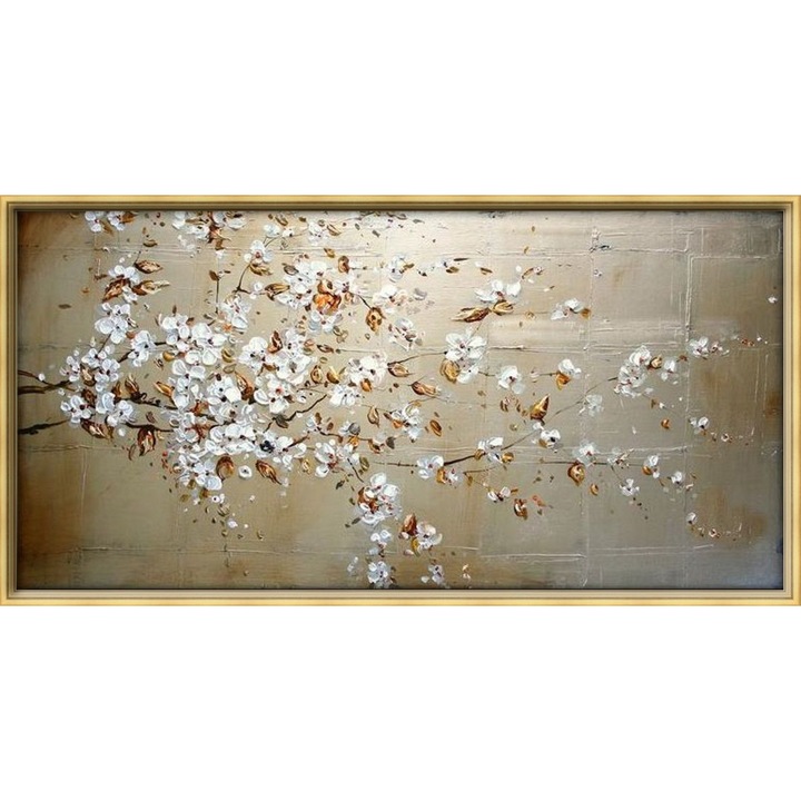 Tablou pictat manual, 150x100cm Pictura cu flori albe si cu fundal metalizat auriu