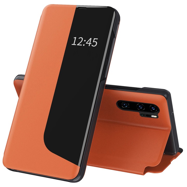 Кожен флип калъф за Huawei P30 Pro Unique S-View, Optim Close, Magnetic Smart Stand, Orange