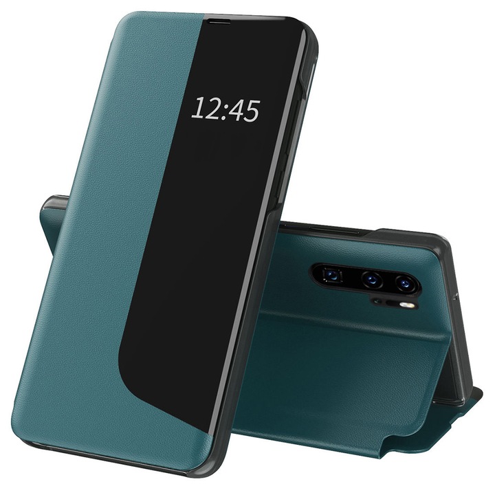 Кожен флип калъф за Huawei P30 Pro Unique S-View, Optim Close, Magnetic Smart Stand, Green