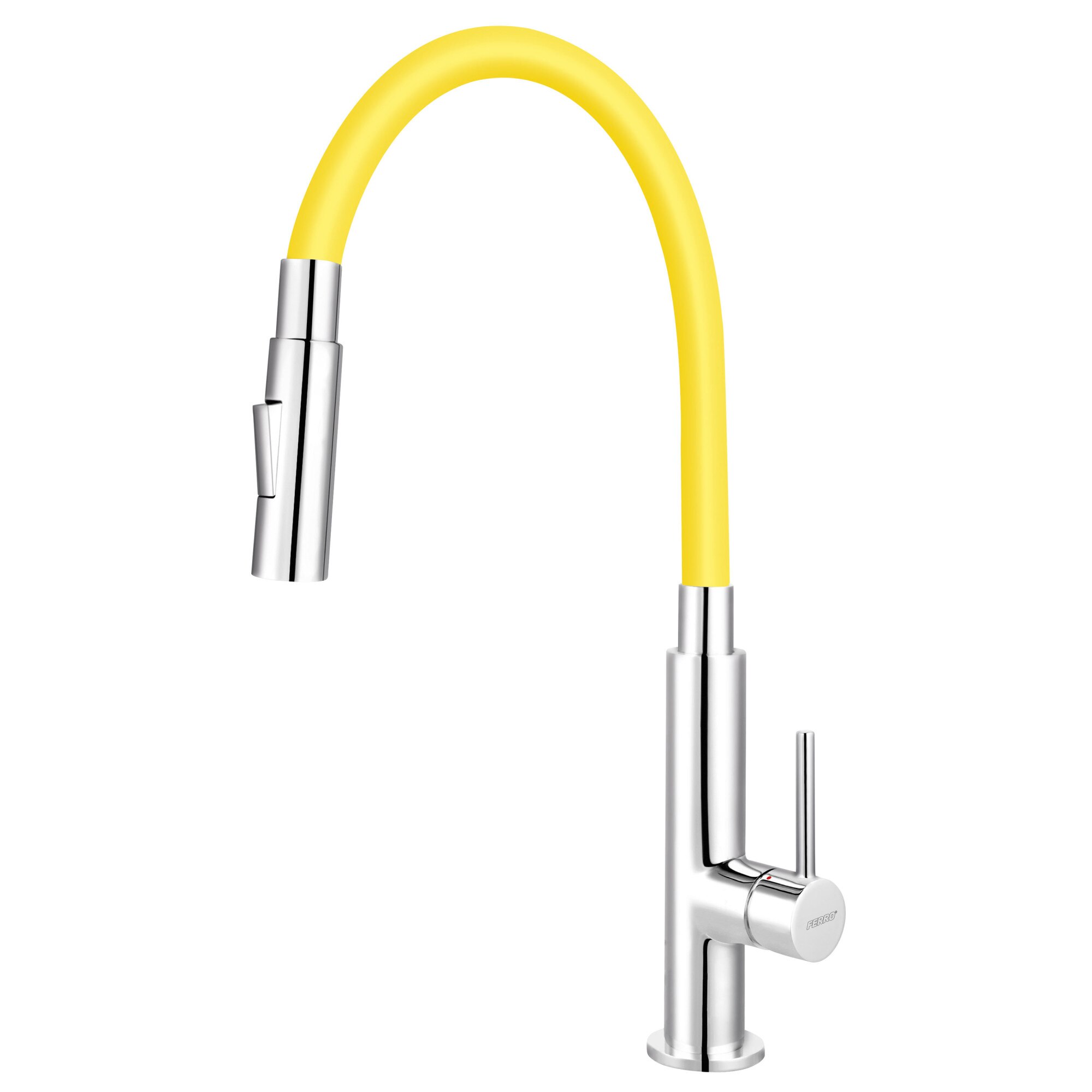 Baterie bucatarie Ferro Zumba III, 2 functii, jet si SLIM, pipa flexibila, galben