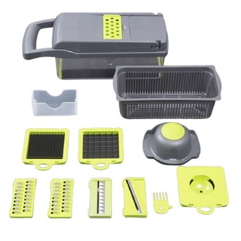 Razatoare Multifunctionala, 14 piese, lame inox si maner protectie, gri/verde, 35 x 11 x 14 cm Razatoare Multifunctionala, 14 piese, lame inox si maner protectie, gri/verde, 35 x 11 x 14 cm