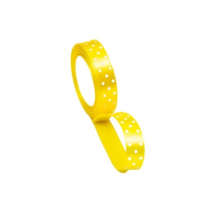 Rola panglica satin cu buline albe, latime 2.5cm, lungime 22.8m, culoare galben