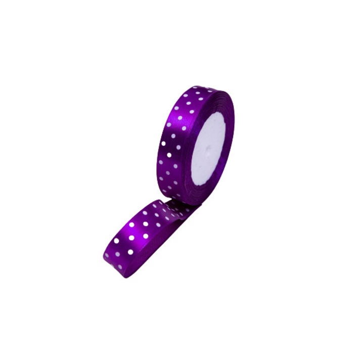 Rola panglica satin cu buline albe, latime 2.5cm, lungime 22.86 m, mov