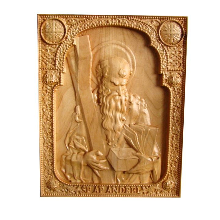 OEM Faragott Ikon, Szent András Apostol, Románia védelmezője, vadcseresznye, 25 x 20 cm