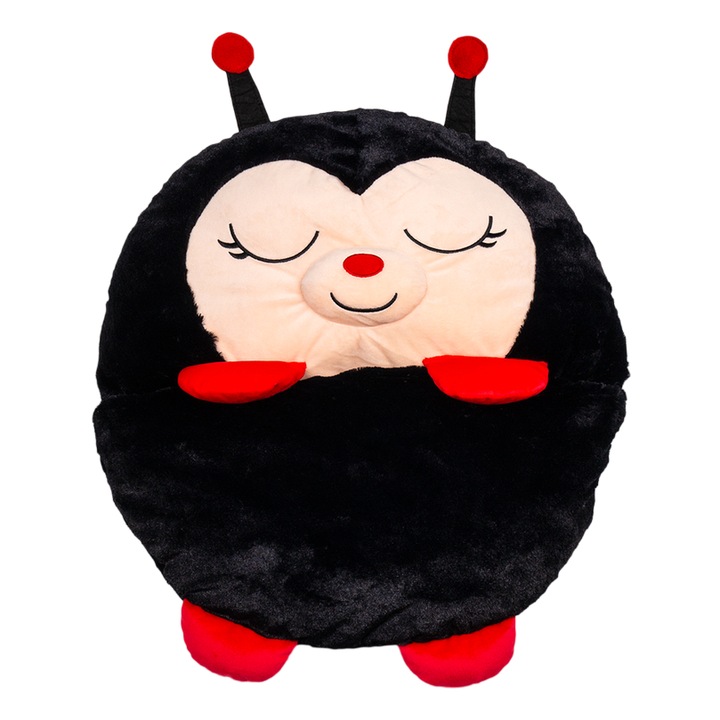 Jucarie de plus 2 in 1 Happy Nappers - Buburuza Lilly, sac de dormit, rosu/negru, 137 cm