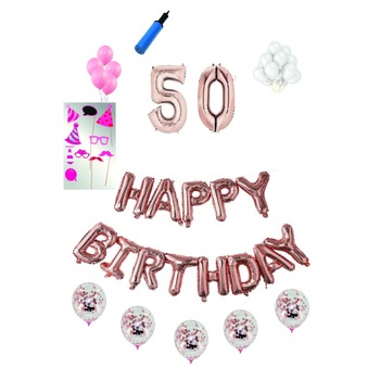 Set 38 baloane Happy Birthday, pentru 50 ani, Roz Gold, cifra 1 metru cu set de propsuri Set 38 baloane Happy Birthday, pentru 50 ani, Roz Gold, cifra 1 metru cu set de propsuri