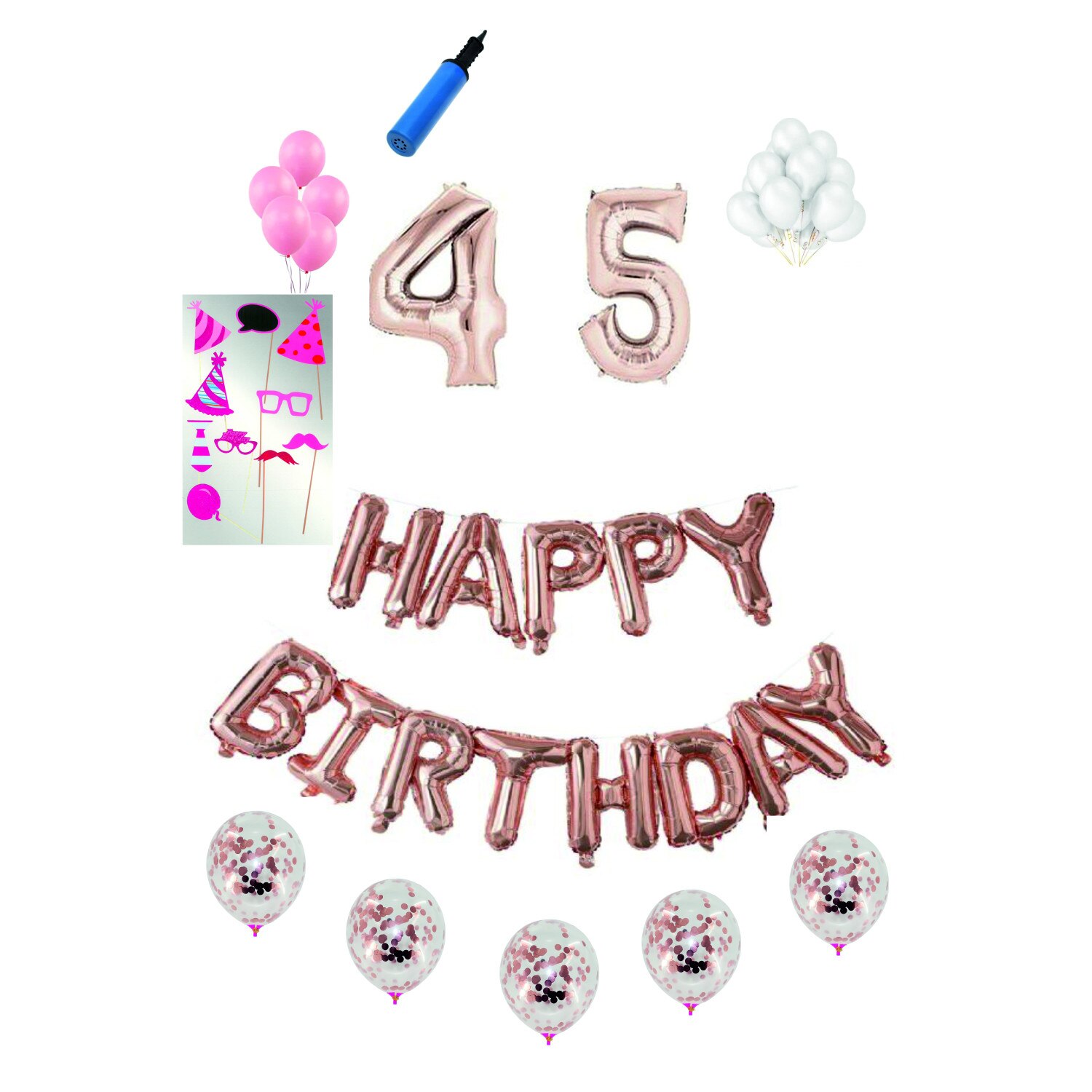 Set 38 baloane Happy Birthday, pentru 45 ani, Roz Gold, cifra 1 metru cu set de propsuri