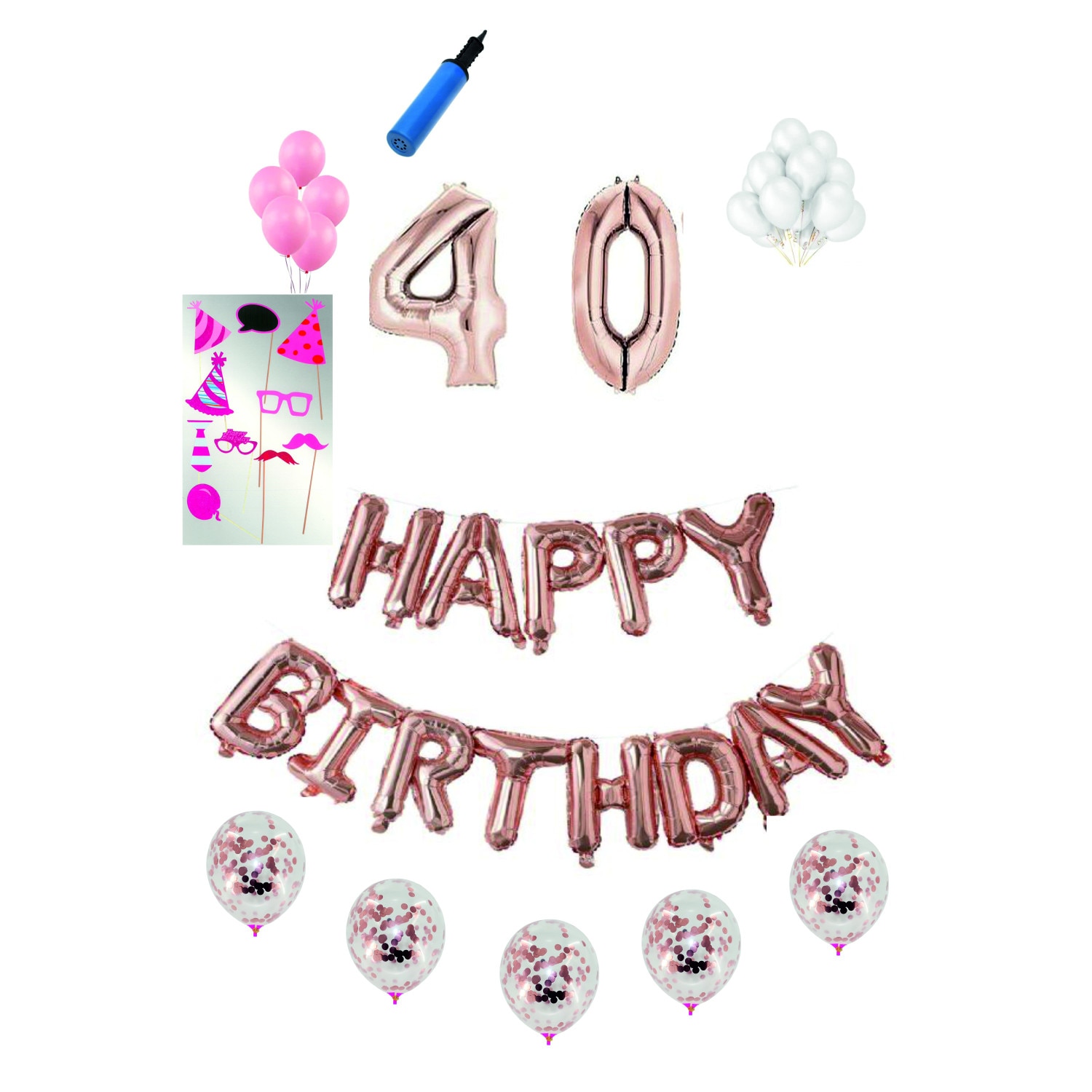 Set 38 baloane Happy Birthday, pentru 40 ani, Roz Gold, cifra 1 metru cu set de propsuri