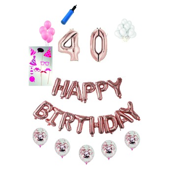 Set 38 baloane Happy Birthday, pentru 40 ani, Roz Gold, cifra 1 metru cu set de propsuri Set 38 baloane Happy Birthday, pentru 40 ani, Roz Gold, cifra 1 metru cu set de propsuri