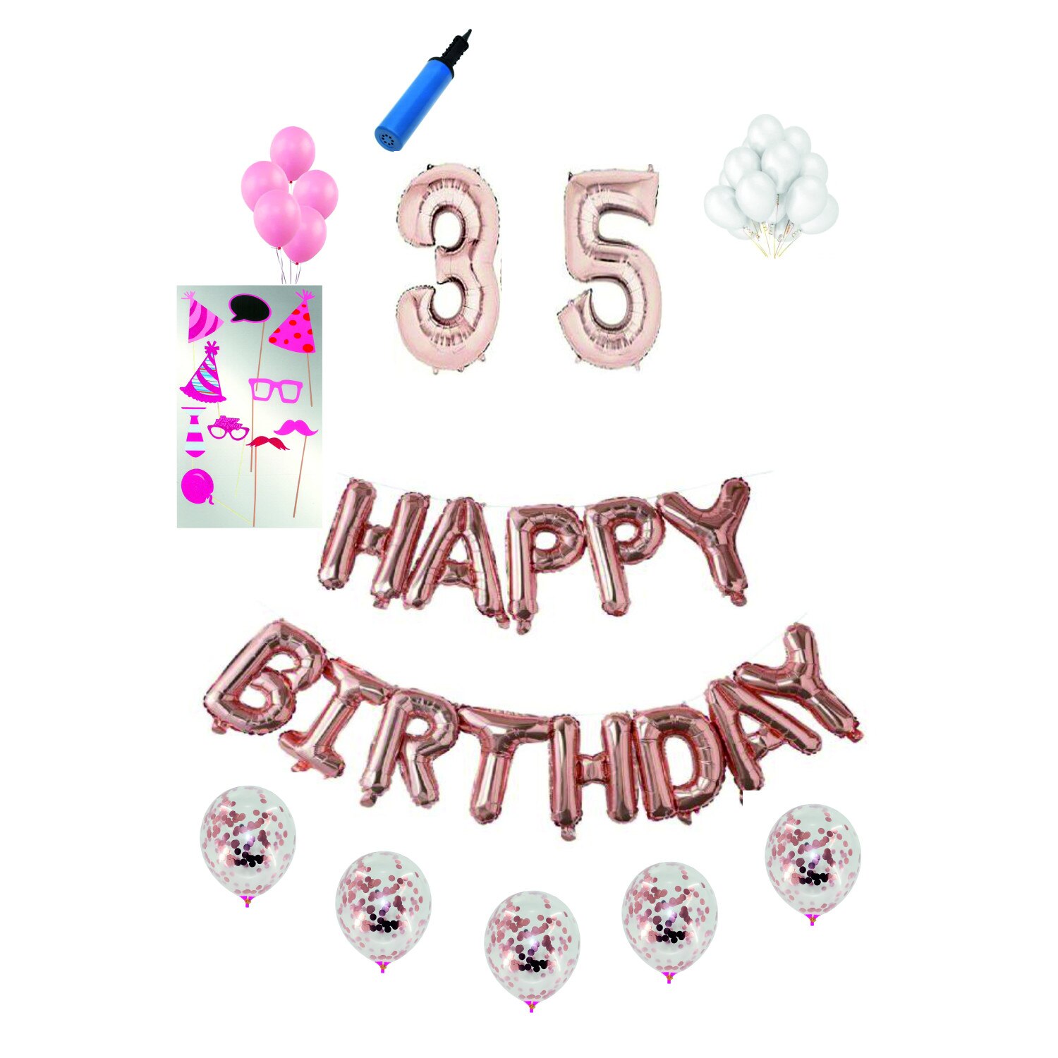 Set 38 baloane Happy Birthday, pentru 35 ani, Roz Gold, cifra 1 metru cu set de propsuri