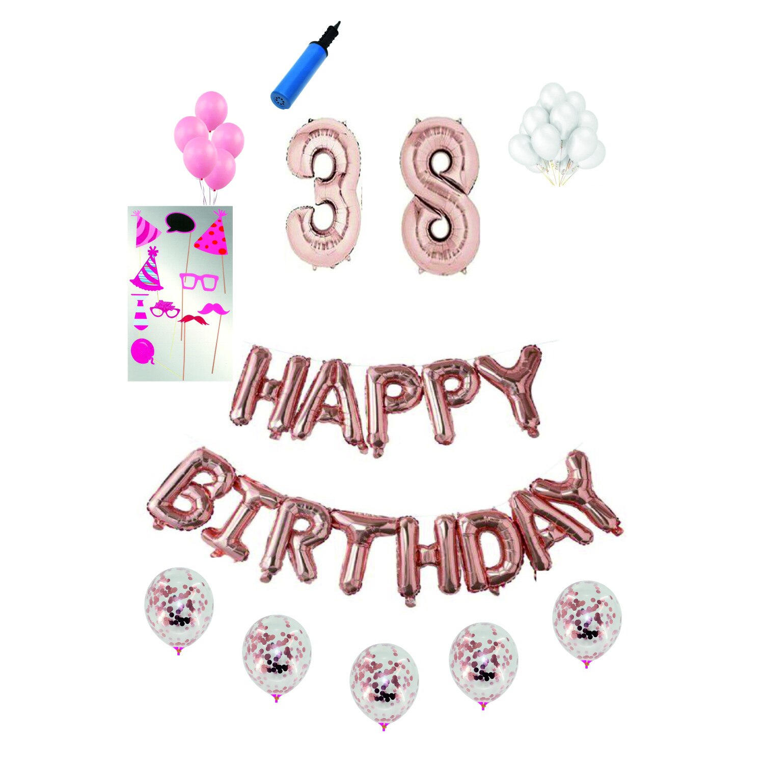 Set 38 baloane Happy Birthday, pentru 38 ani, Roz Gold, cifra 1 metru cu set de propsuri