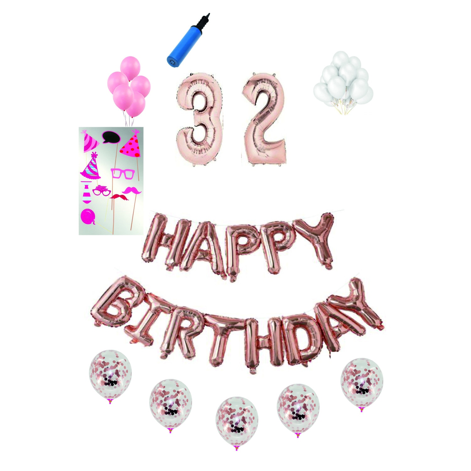 Set 38 baloane Happy Birthday, pentru 32 ani, Roz Gold, cifra 1 metru cu set de propsuri