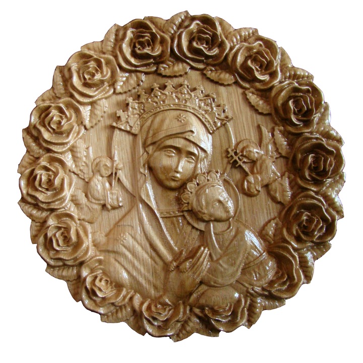 Icoana sculptata Maica Domnului rama trandafiri, diametru 25 cm, lemn masiv