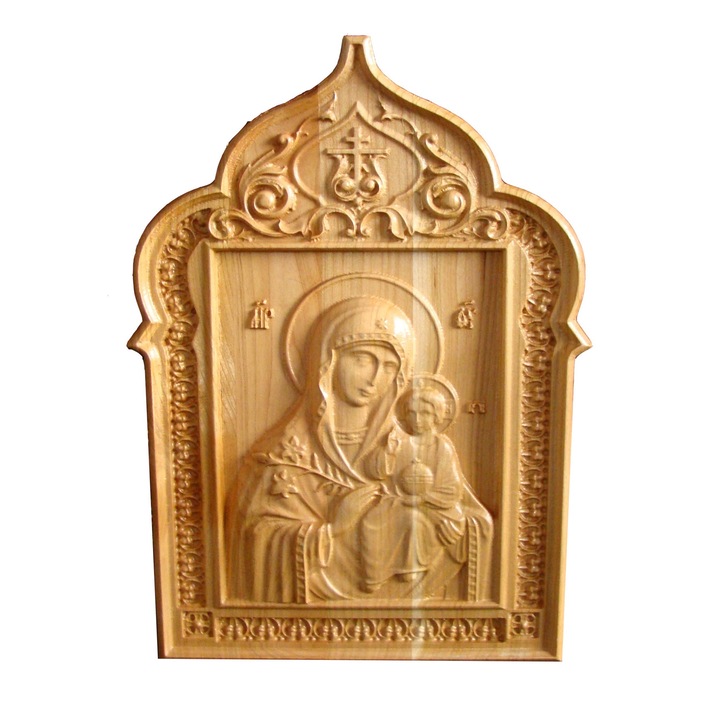 Icoana sculptata Maica Domnului cu Pruncul Iisus, lemn masiv, 27.5x18 cm