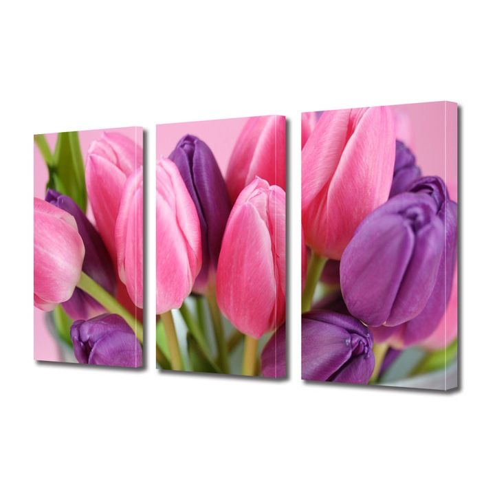 Tablou Multicanvas 3 Piese Flori, Lalele violet si roz, 90 x 180 cm