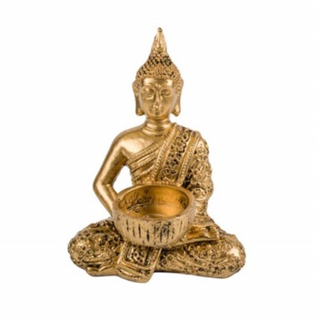 Statueta decorativa Buddha cu suport pentru lumanare din lemn, Pufo, aurie Statueta decorativa Buddha cu suport pentru lumanare din lemn, Pufo, aurie