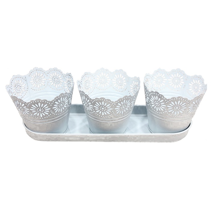 Naimeed virágcserép készlet, 3 db, fémtálcával, D2603, 32 x 9 x 10,5 cm