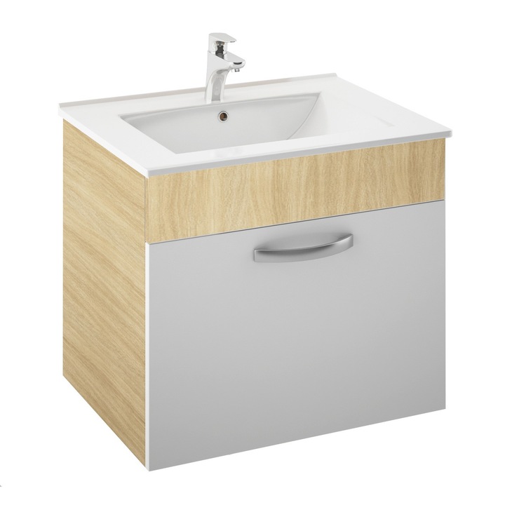Martplast alap és mosdókagyló fürdőszoba bútorkészlet, függesztett, fehér / tölgy 60 x 47 x 52 cm