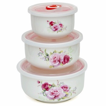 Set 3 boluri cu capace ,etansare vid,ceramica,model floral Set 3 boluri cu capace ,etansare vid,ceramica,model floral
