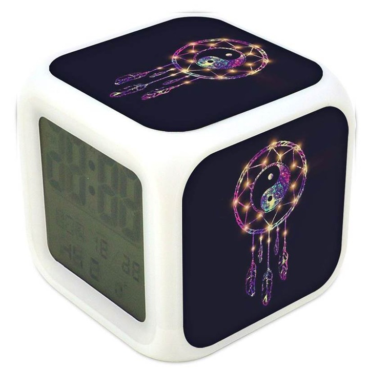 Ceas desteptator cu lumina schimbatoare Prinzator de vise 17, multicilor, plastic, 8 cm, cu grafica pe trei fete