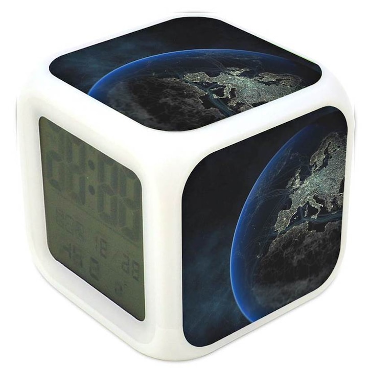 A Föld éjszaka 18 színváltós világító óra ébresztő hőmérő