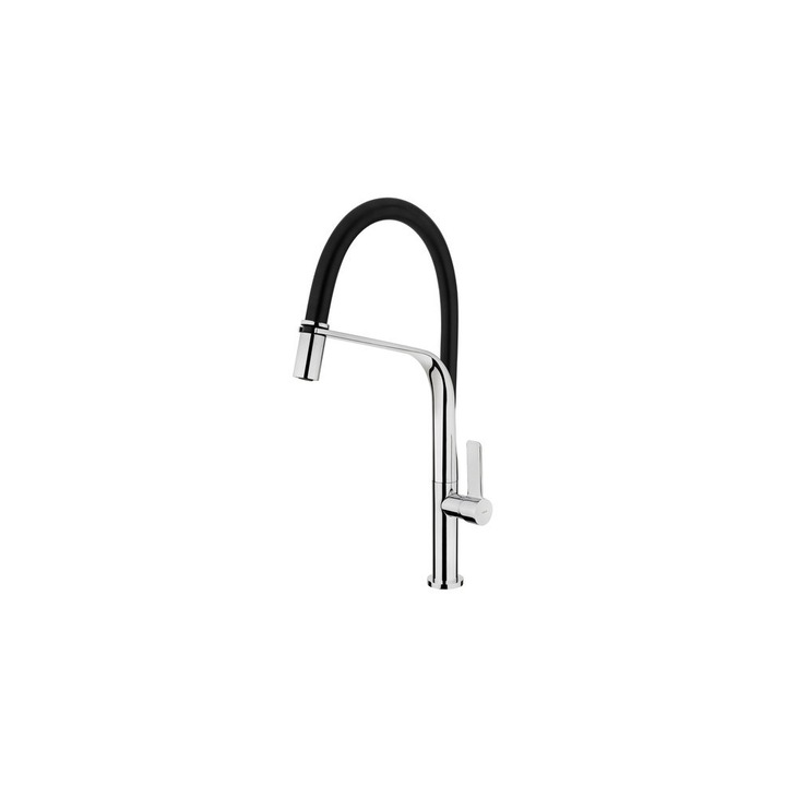 Смесител Teka Maestro, Fo 997 черен, кухненски, аератор срещу натрупване на варовик, високоустойчива повърхност, керамична глава, въртящ се чучур, изтеглящ се душ, височина в статично положение до чучура/общо: 284/481 мм