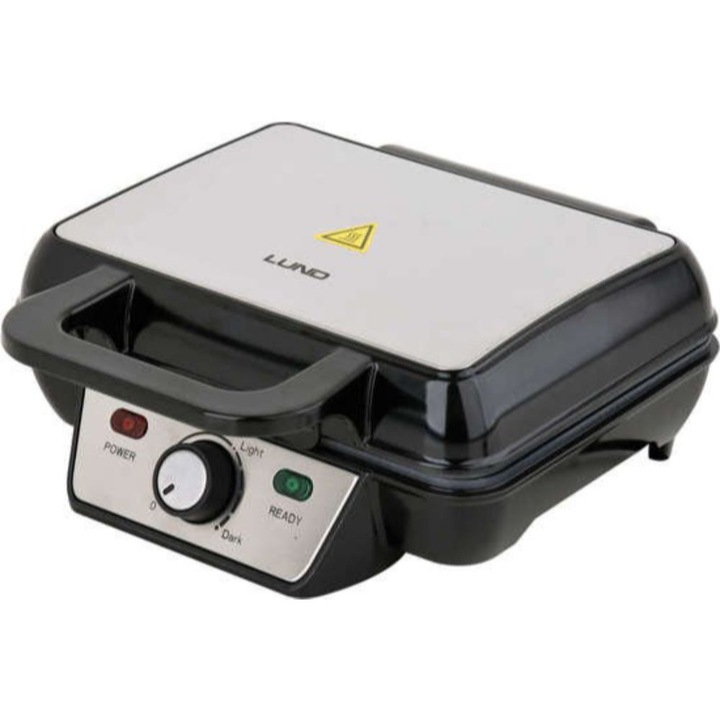 Гофретник Lund, 1000 W, 2 гофрети, Незалепващо покритие, Контрол на температурата, Черен/Инокс