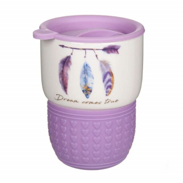 Cana ceramica Pufo Dreams pentru cafea sau ceai cu capac si protectie silicon, 400 ml